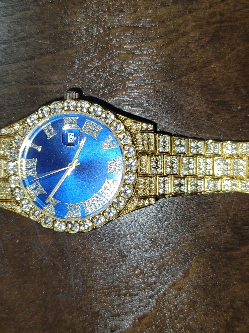 Gold-Tone Men's Dress Watch with Blue Dial and Crystal Accents